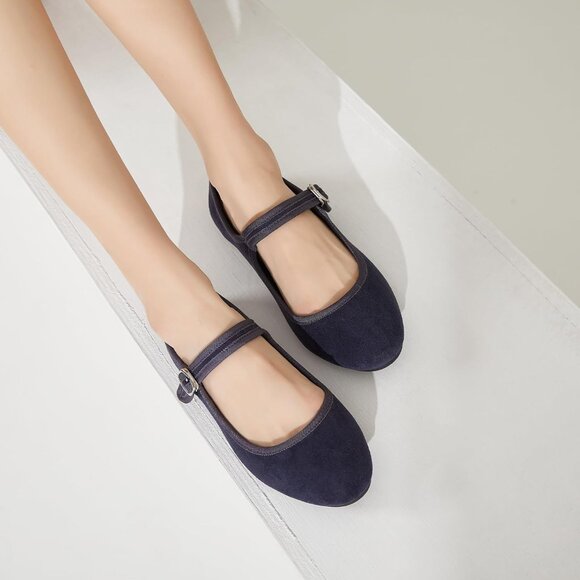 Babudog Womens Navy Faux Suede Rounded Toe Ankle Strap With Buckle Flats - Picture 6 of 9